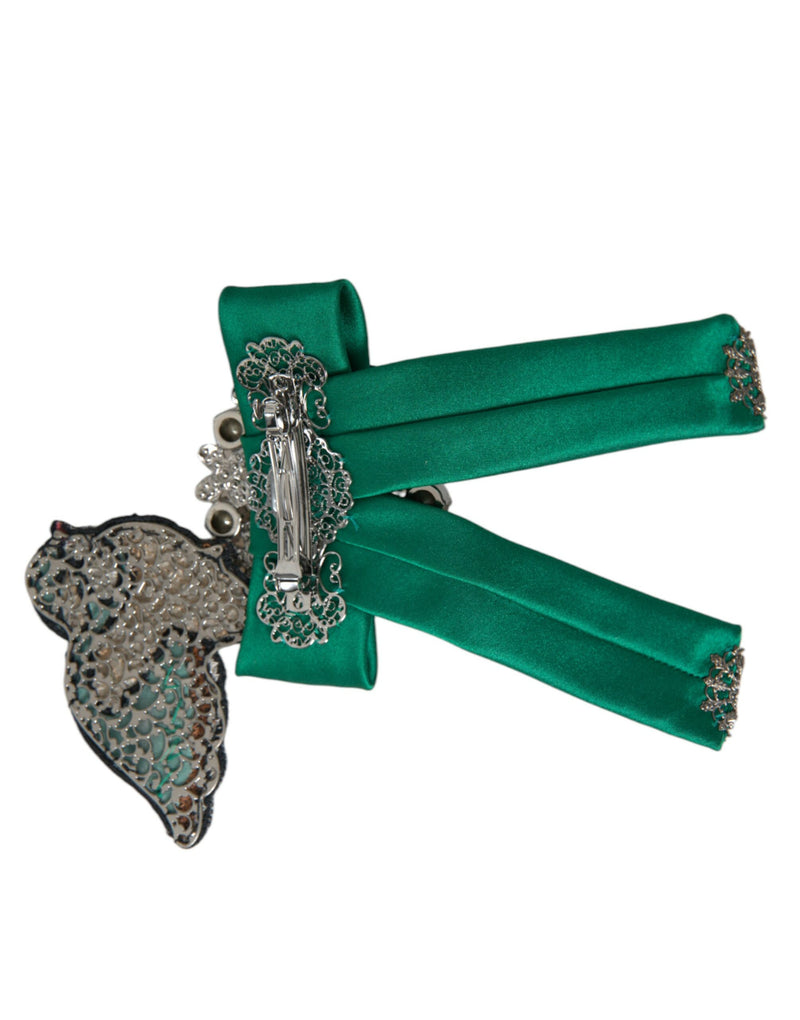 Pince à cheveux Dolce & Gabbana verte en satin avec motif oiseau et cristaux, pour femme