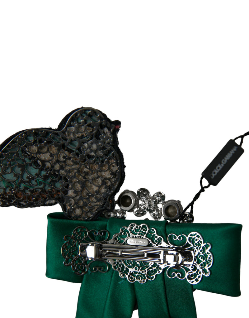 Pince à cheveux Dolce & Gabbana verte en satin avec motif oiseau et cristaux, pour femme