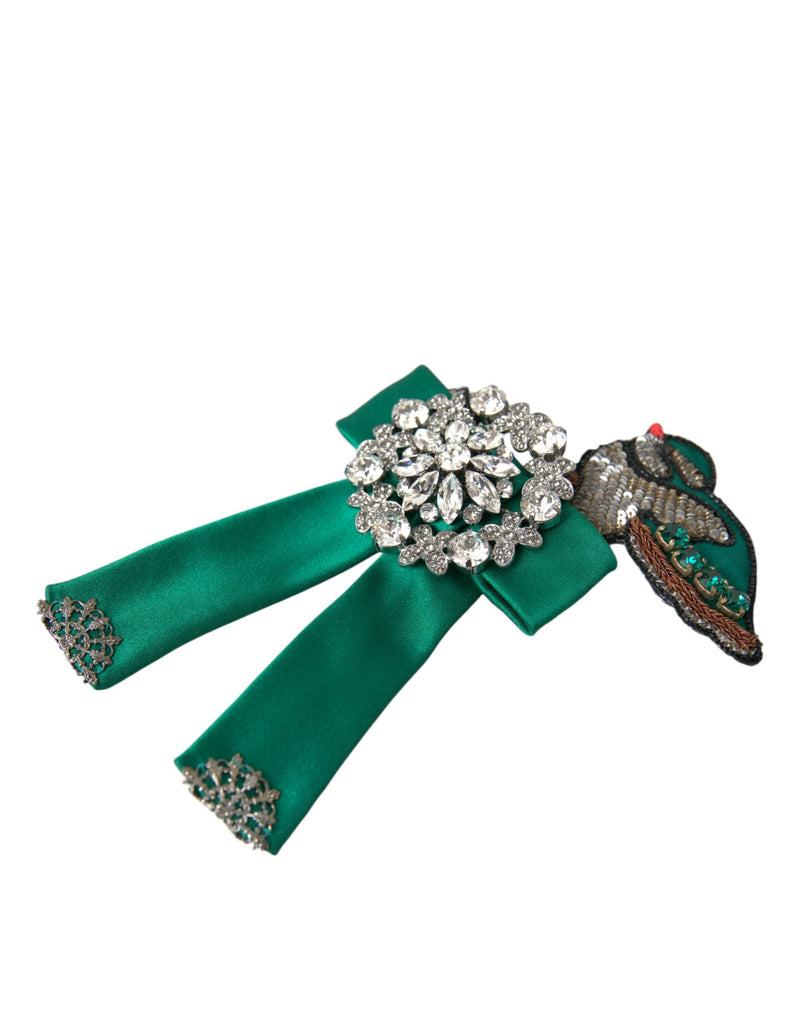 Pince à cheveux Dolce & Gabbana verte en satin avec motif oiseau et cristaux, pour femme