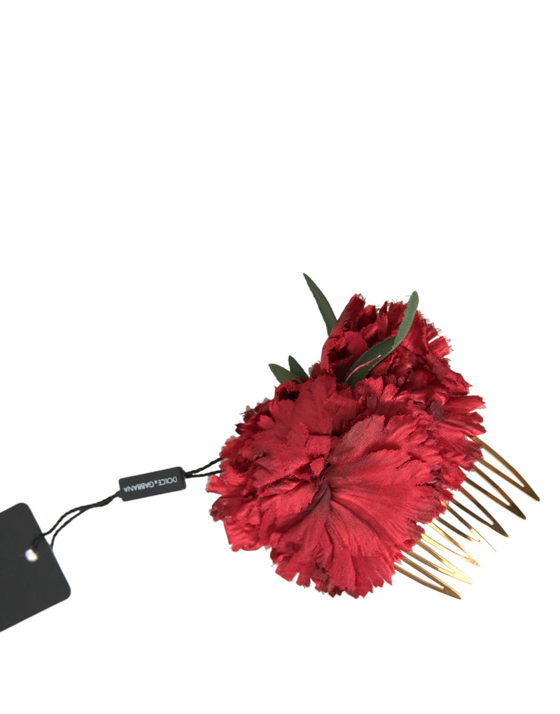 Peigne à cheveux pour femme en soie rouge à motif floral et laiton doré Dolce & Gabbana