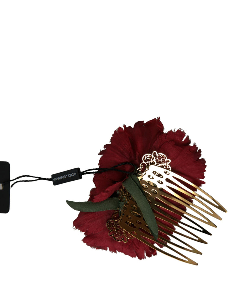 Peigne à cheveux pour femme en soie rouge à motif floral et laiton doré Dolce & Gabbana