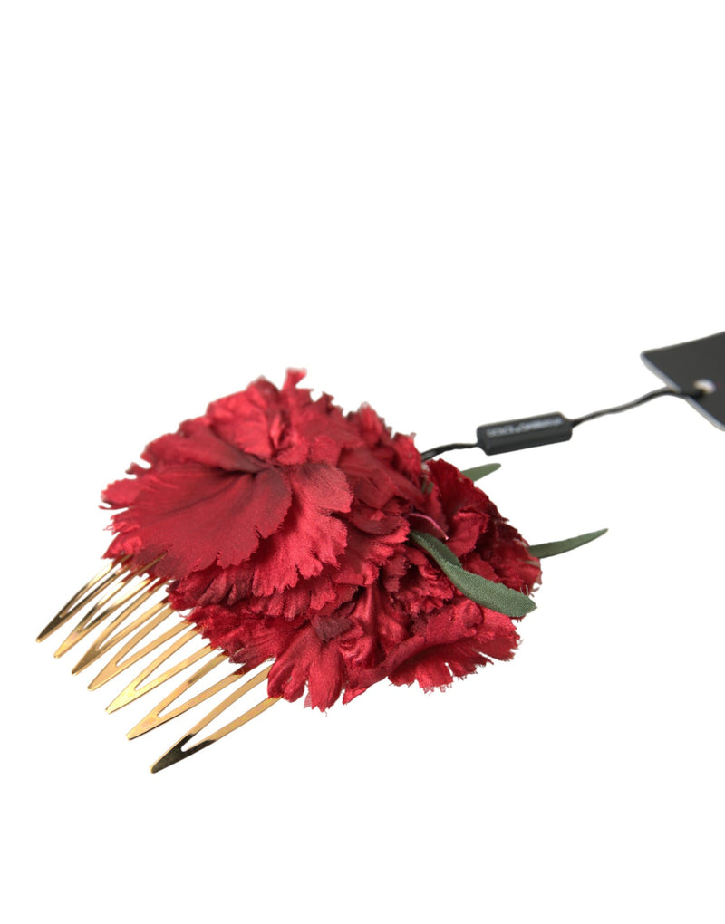 Peigne à cheveux pour femme en soie rouge à motif floral et laiton doré Dolce & Gabbana