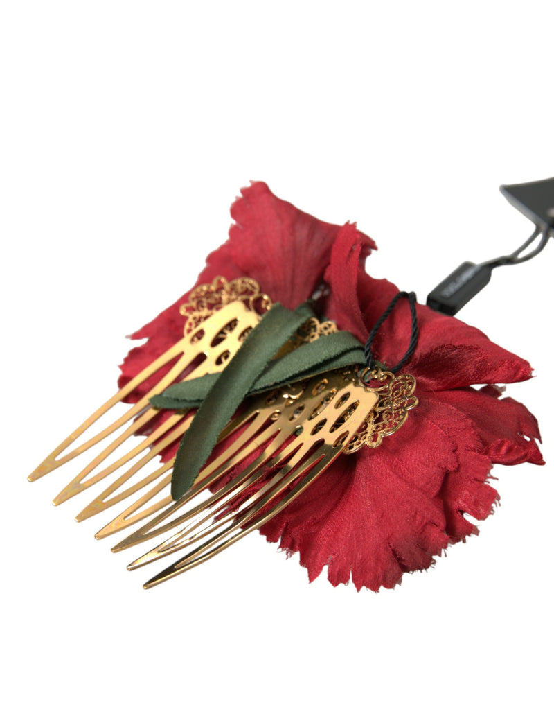 Peigne à cheveux pour femme en soie rouge à motif floral et laiton doré Dolce & Gabbana