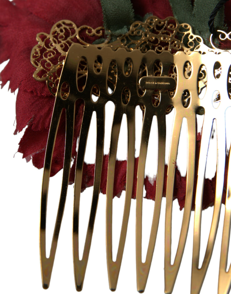 Peigne à cheveux pour femme en soie rouge à motif floral et laiton doré Dolce & Gabbana
