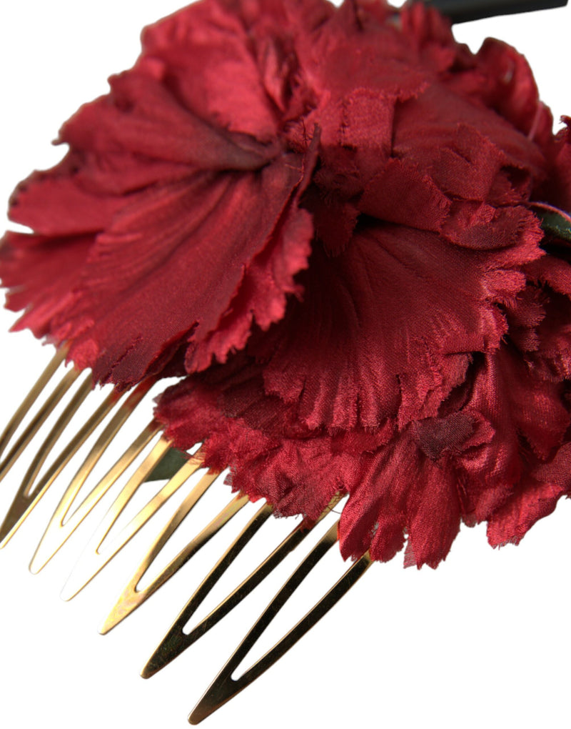 Peigne à cheveux pour femme en soie rouge à motif floral et laiton doré Dolce & Gabbana