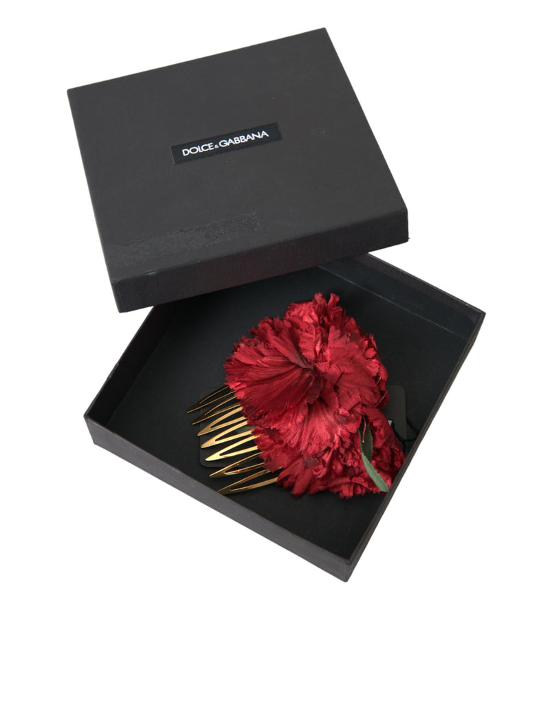 Peigne à cheveux pour femme en soie rouge à motif floral et laiton doré Dolce & Gabbana