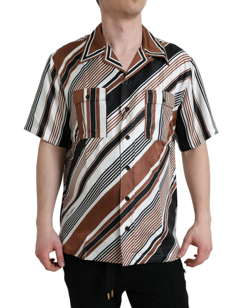 Camicia a maniche corte in seta a righe marroni e bianche Dolce & Gabbana