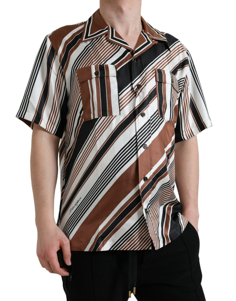 Camicia a maniche corte in seta a righe marroni e bianche Dolce & Gabbana