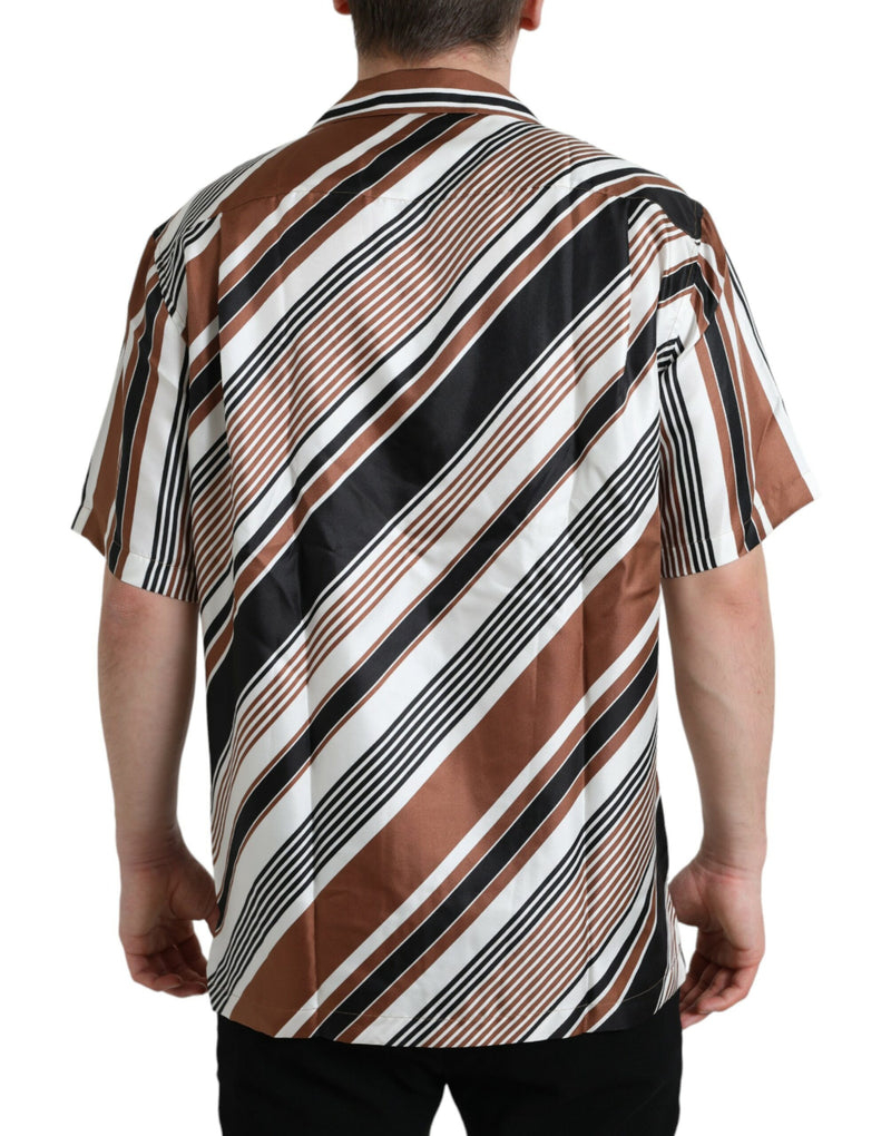 Camicia a maniche corte in seta a righe marroni e bianche Dolce & Gabbana