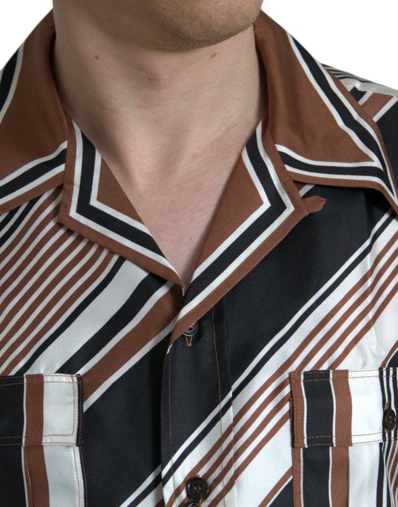Camicia a maniche corte in seta a righe marroni e bianche Dolce & Gabbana