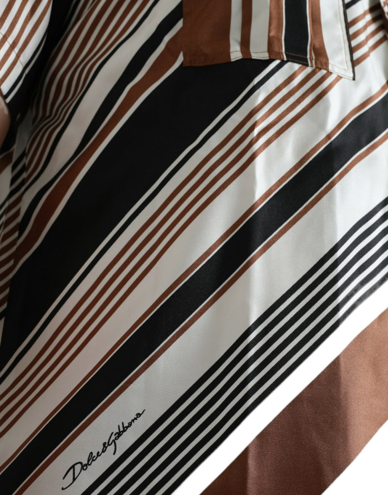 Camicia a maniche corte in seta a righe marroni e bianche Dolce & Gabbana