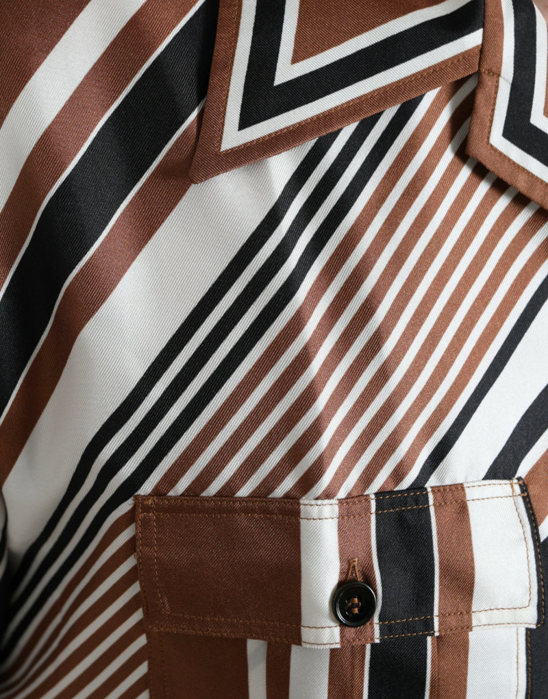 Camicia a maniche corte in seta a righe marroni e bianche Dolce & Gabbana