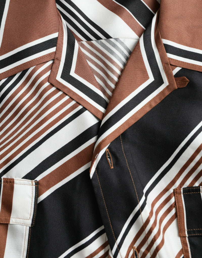 Camicia a maniche corte in seta a righe marroni e bianche Dolce & Gabbana