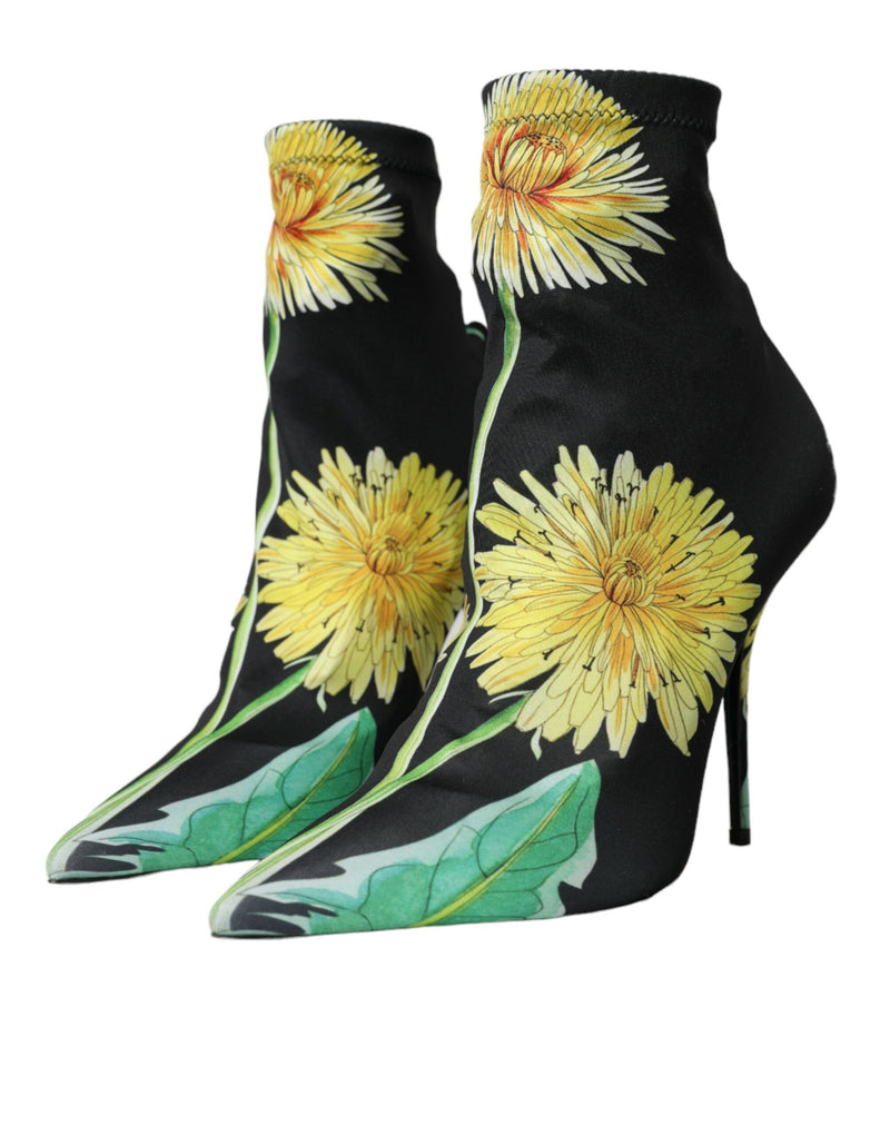 Botines de punto elástico negro con estampado floral de Dolce & Gabbana