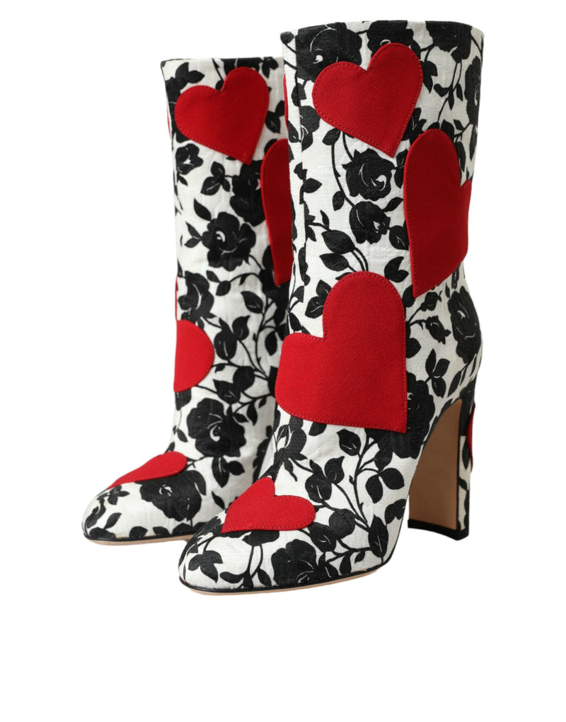 Bottes hautes en cuir blanc à motif de cœurs floraux Dolce & Gabbana