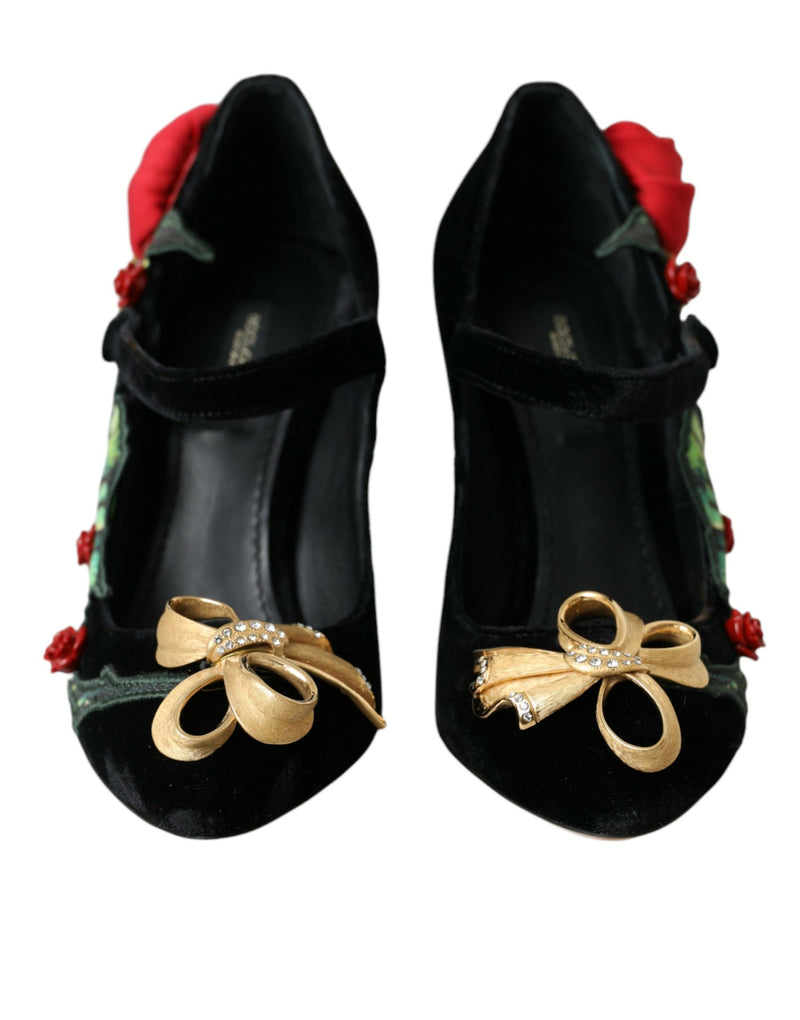 Zapatos Mary Jane negros con broche de rosas y cristales Dolce & Gabbana