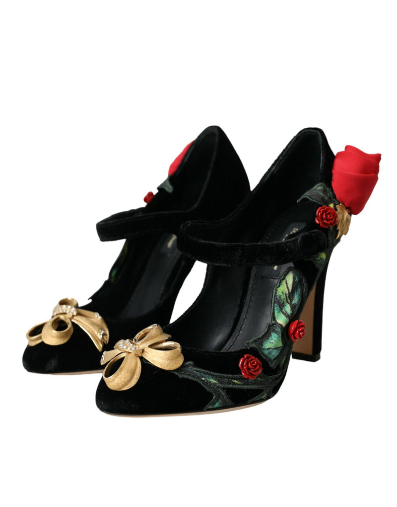 Zapatos Mary Jane negros con broche de rosas y cristales Dolce & Gabbana