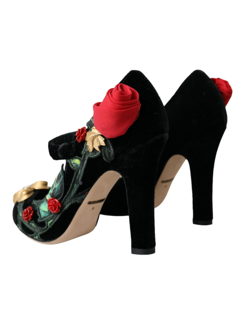 Zapatos Mary Jane negros con broche de rosas y cristales Dolce & Gabbana