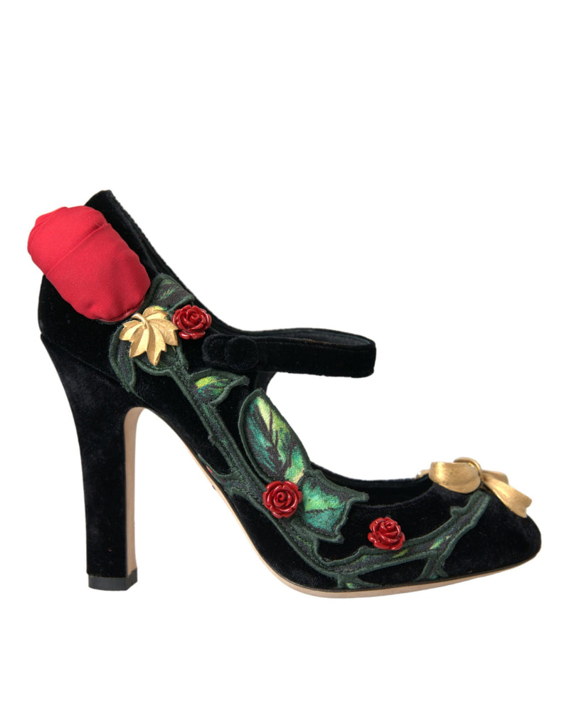 Zapatos Mary Jane negros con broche de rosas y cristales Dolce & Gabbana