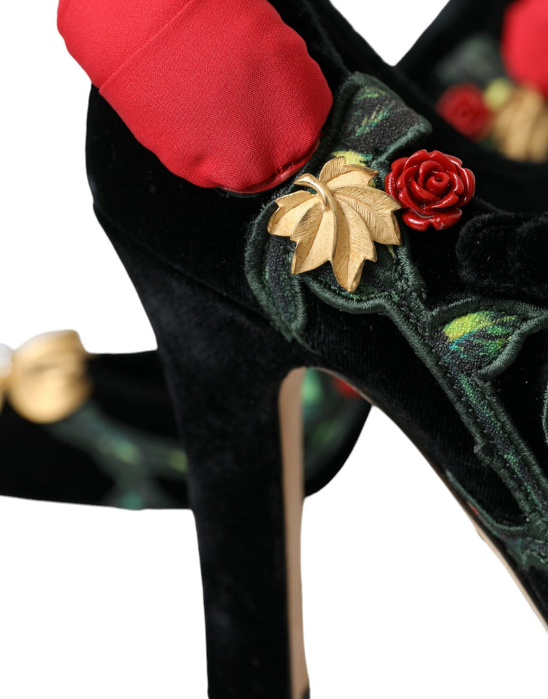 Zapatos Mary Jane negros con broche de rosas y cristales Dolce & Gabbana