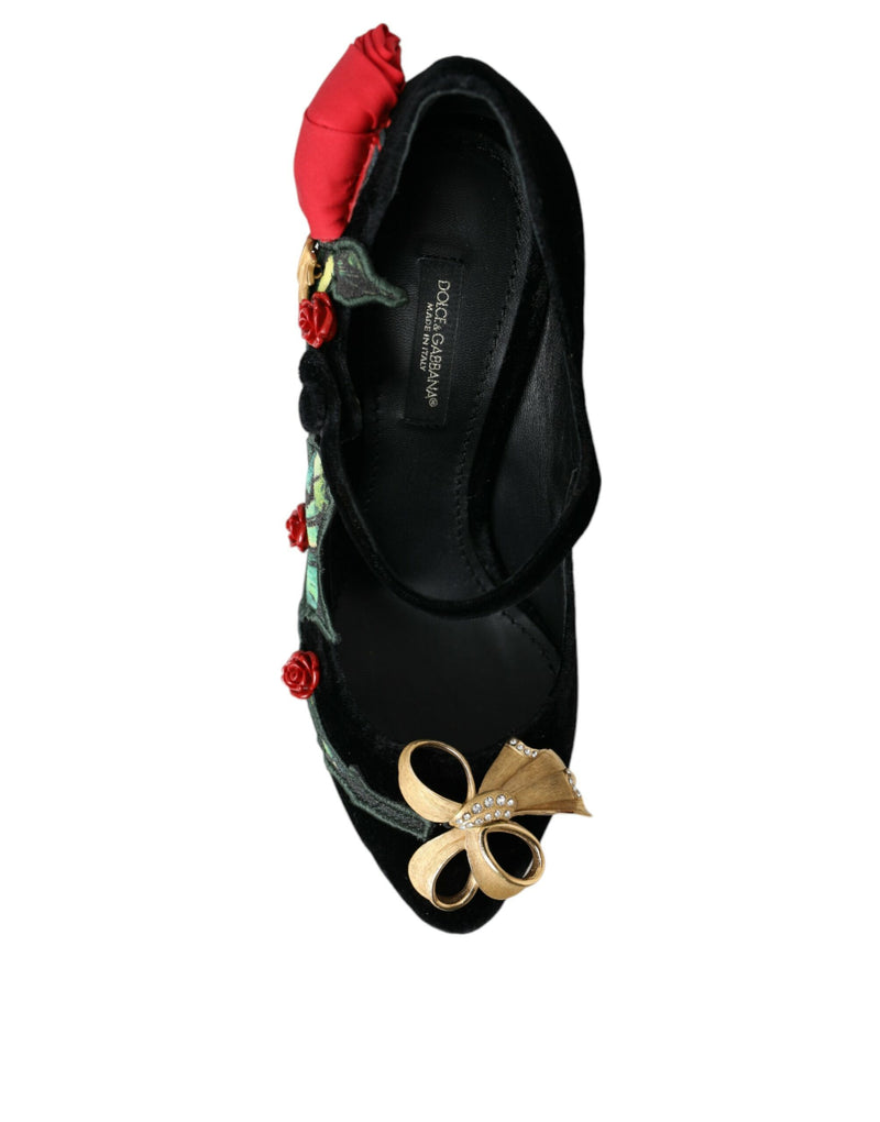 Zapatos Mary Jane negros con broche de rosas y cristales Dolce & Gabbana