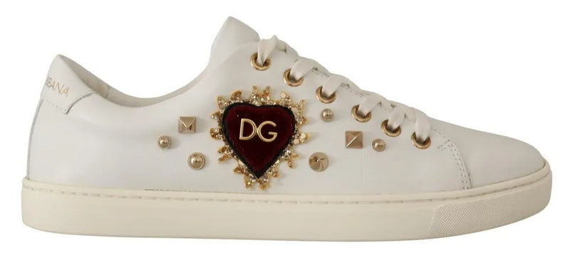Tênis de couro branco com coração vermelho e dourado Dolce & Gabbana