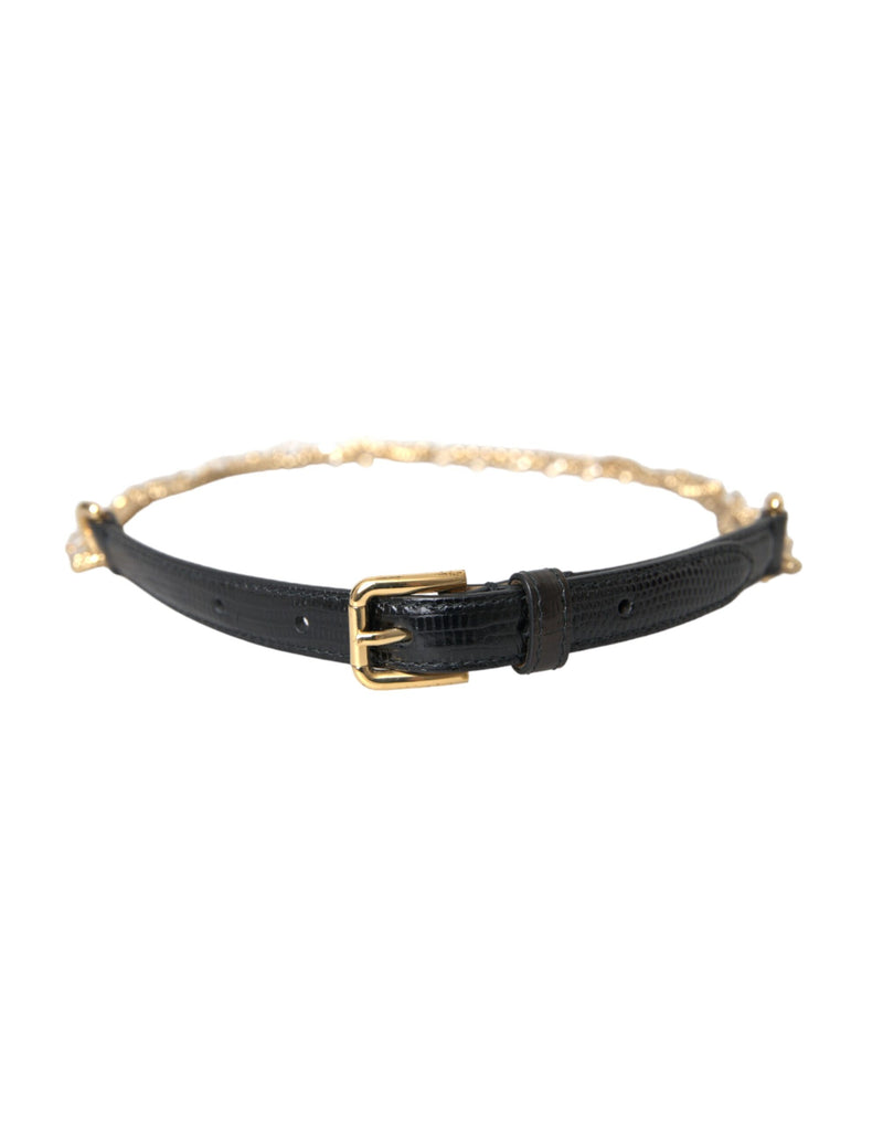Cinturón de cintura para mujer Dolce & Gabbana de piel negra con cadena dorada, cristales y hebilla