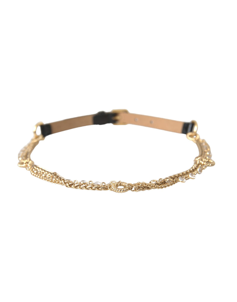 Cinturón de cintura para mujer Dolce & Gabbana de piel negra con cadena dorada, cristales y hebilla