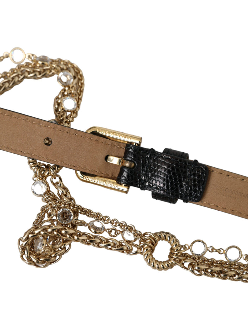 Cinturón de cintura para mujer Dolce & Gabbana de piel negra con cadena dorada, cristales y hebilla
