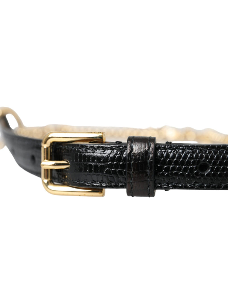 Cinturón de cintura para mujer Dolce & Gabbana de piel negra con cadena dorada, cristales y hebilla