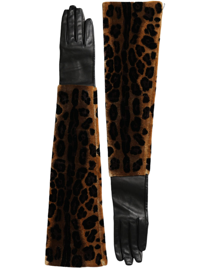 Guantes Dolce & Gabbana hasta los codos de piel marrón y negra con estampado de leopardo
