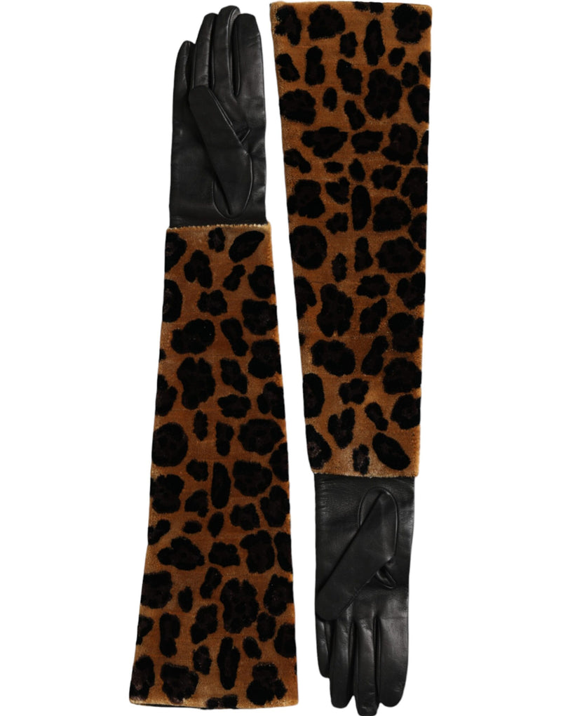 Guantes Dolce & Gabbana hasta los codos de piel marrón y negra con estampado de leopardo