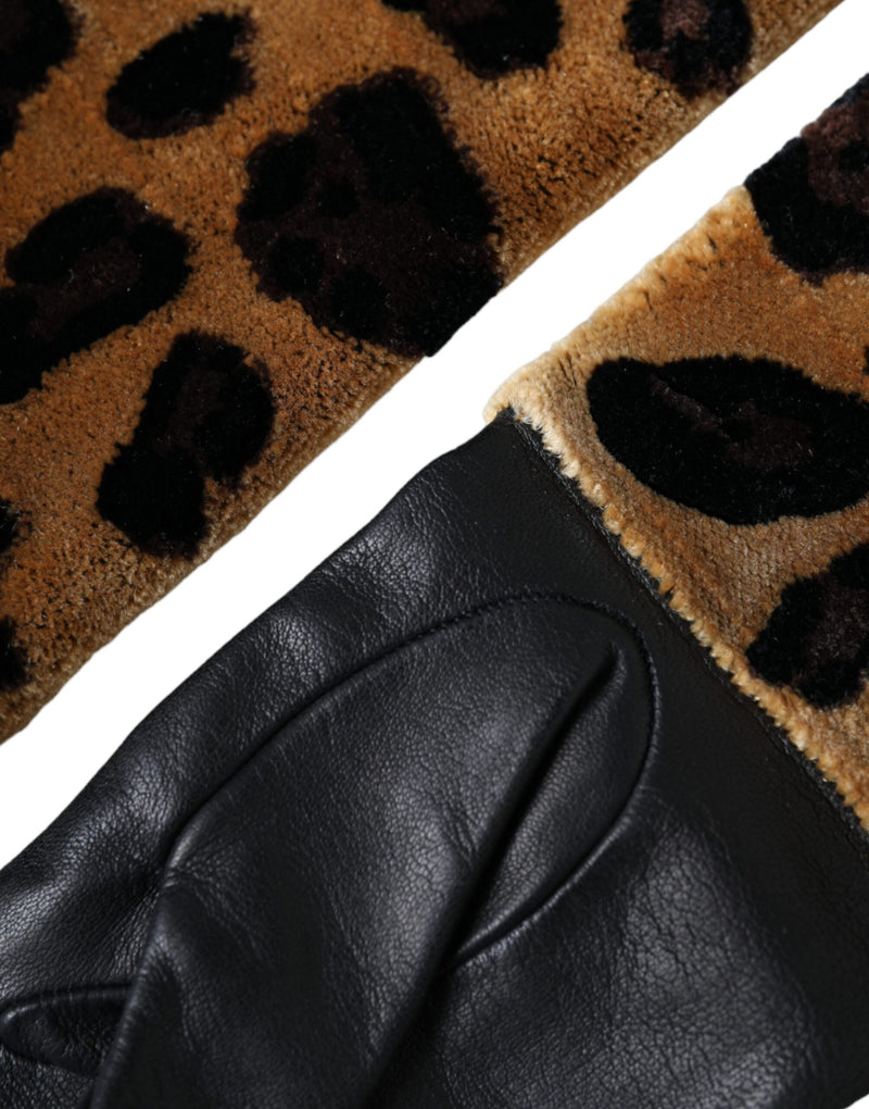 Guantes Dolce & Gabbana hasta los codos de piel marrón y negra con estampado de leopardo