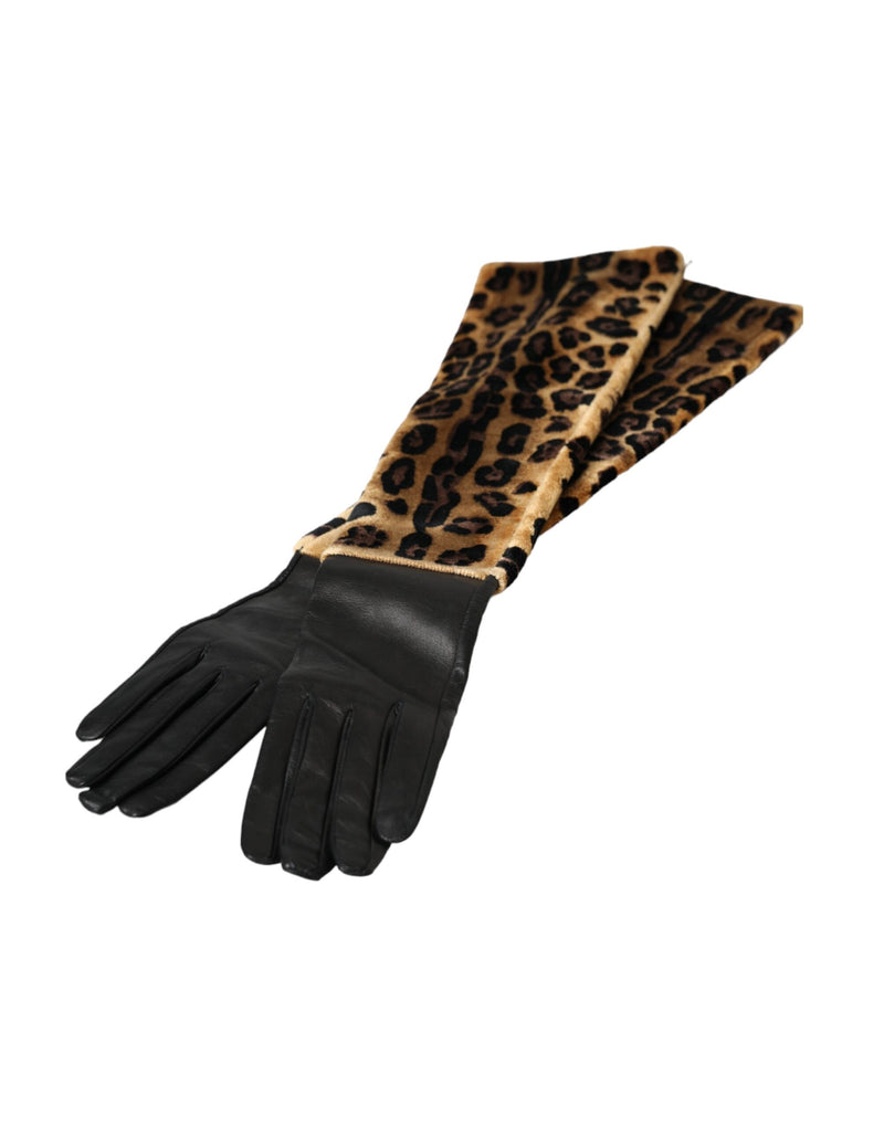 Guantes Dolce & Gabbana hasta los codos de piel marrón y negra con estampado de leopardo