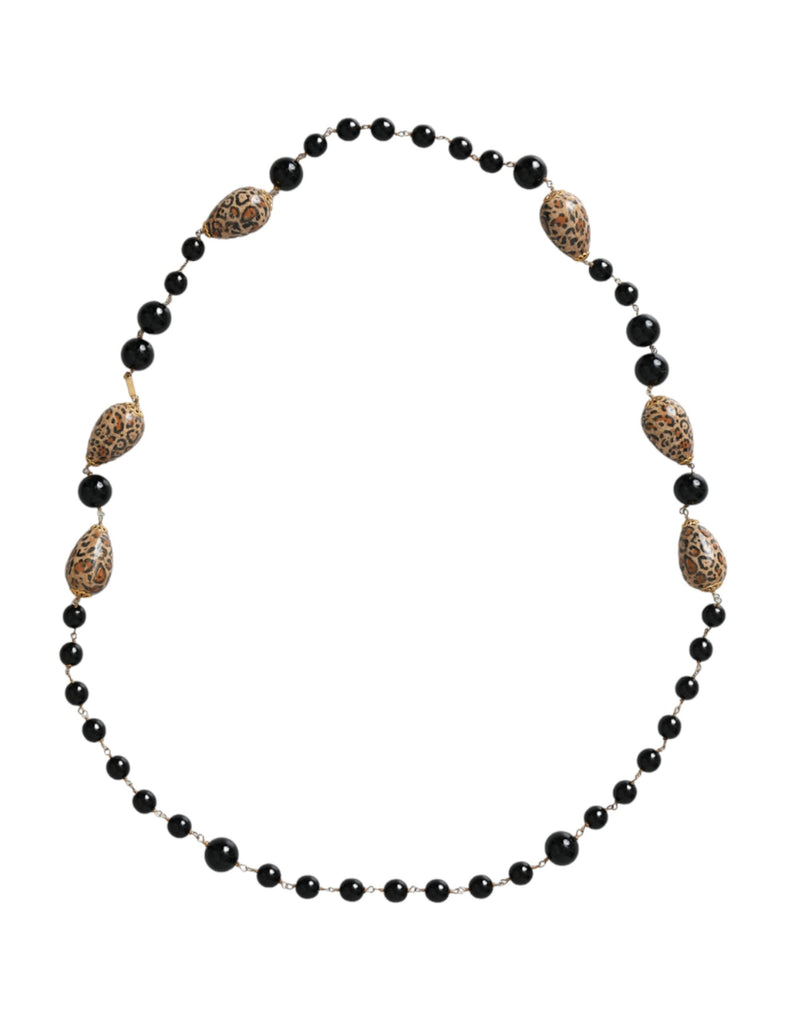 Long collier à perles imprimées noires Dolce & Gabbana en laiton doré