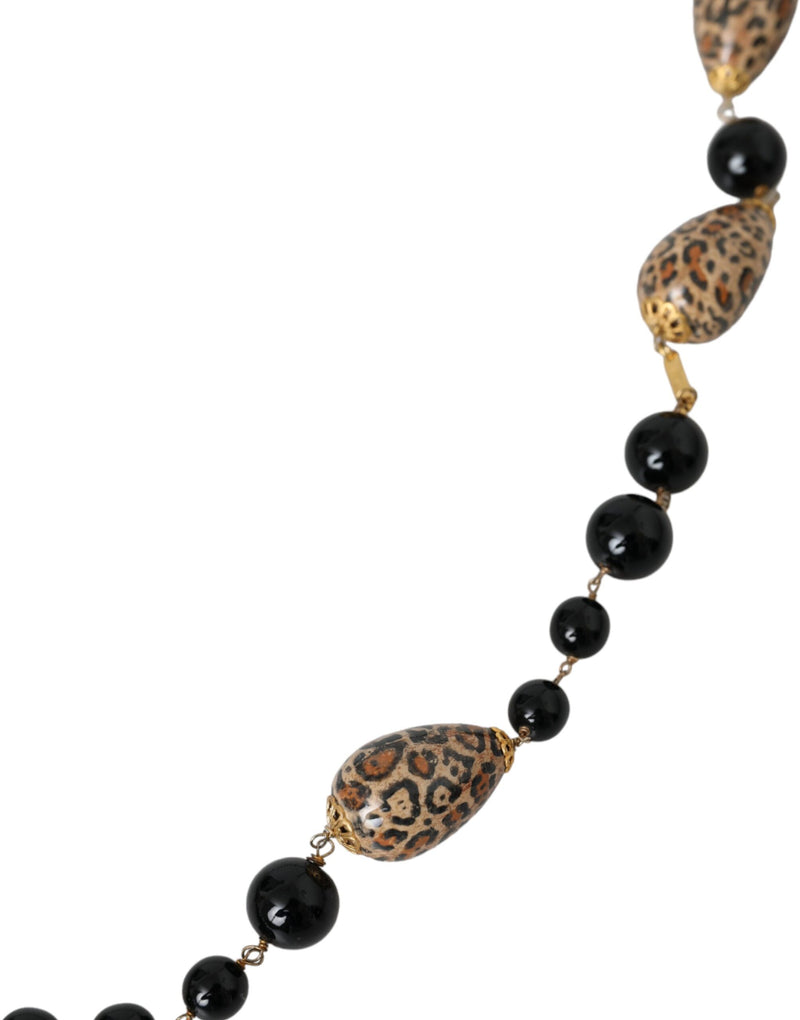 Long collier à perles imprimées noires Dolce & Gabbana en laiton doré