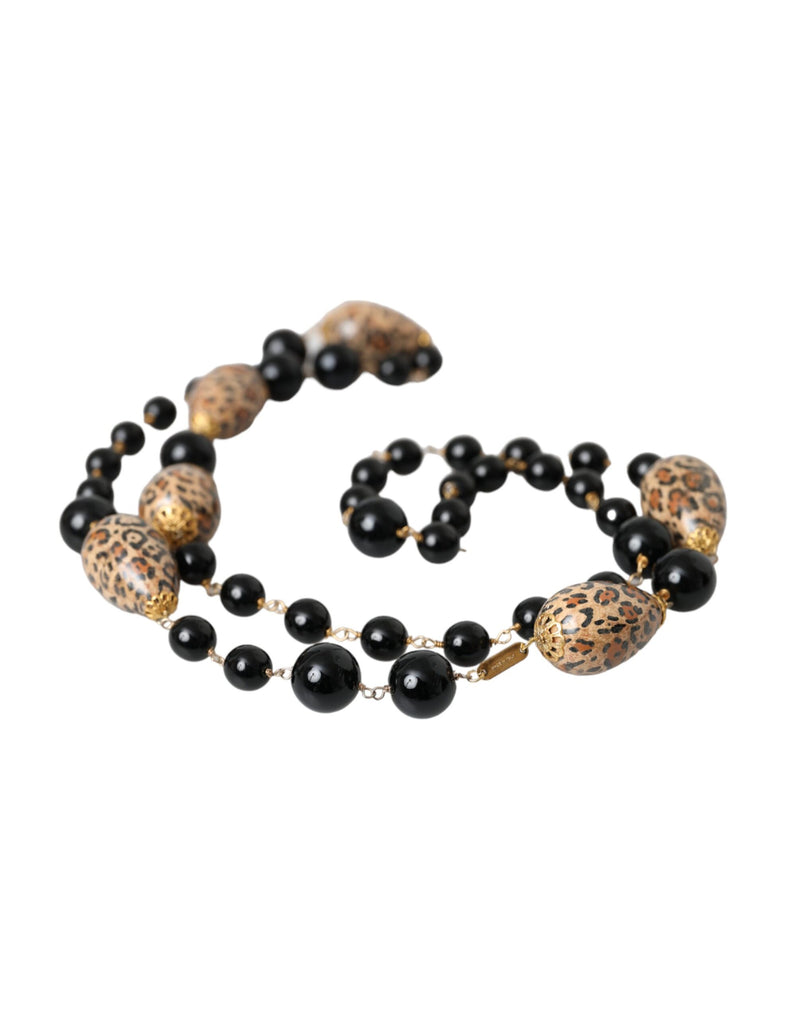 Long collier à perles imprimées noires Dolce & Gabbana en laiton doré