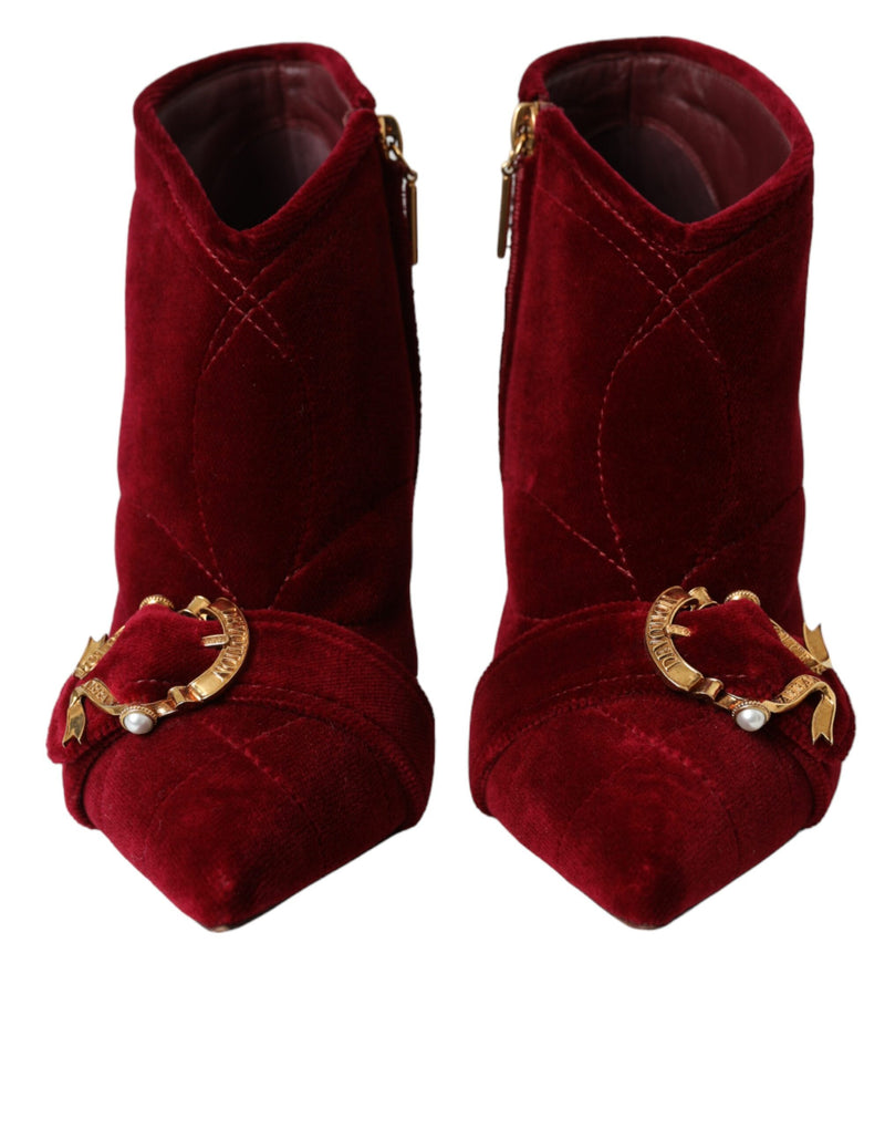 Botas Dolce & Gabbana vermelhas escuras de veludo com fivela Devotion