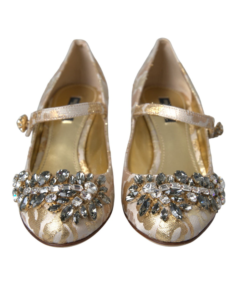 Scarpins Dolce & Gabbana dourados de jacquard com cristais e tira no peito do pé