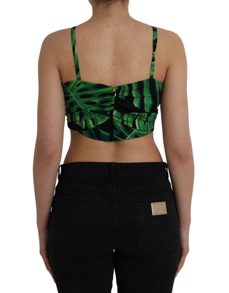 Top corto all'americana Dolce & Gabbana in seta nera e verde con stampa a foglie