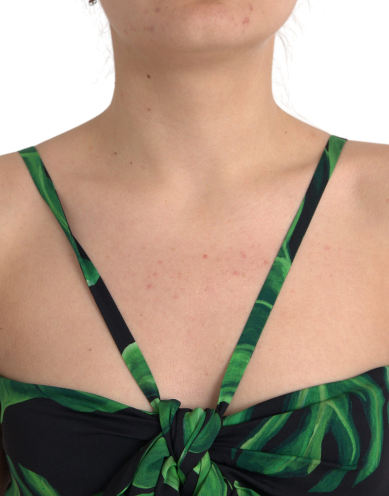 Top corto all'americana Dolce & Gabbana in seta nera e verde con stampa a foglie