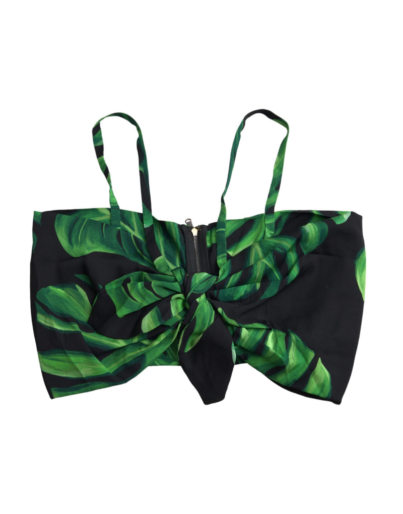 Top corto all'americana Dolce & Gabbana in seta nera e verde con stampa a foglie