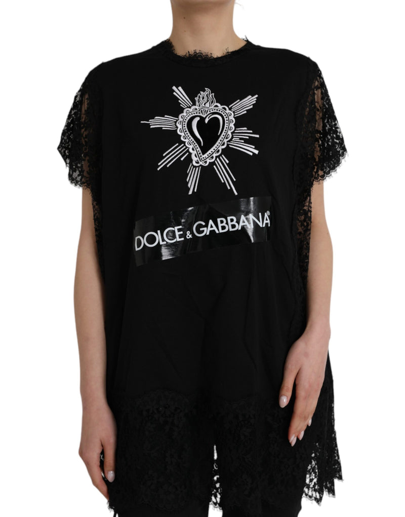 Camiseta negra de algodón con estampado de Sagrado Corazón y encaje Dolce & Gabbana