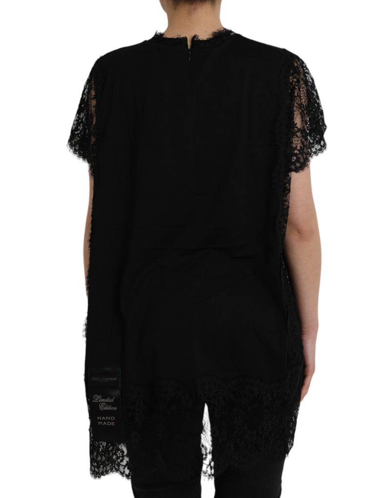 Camiseta negra de algodón con estampado de Sagrado Corazón y encaje Dolce & Gabbana