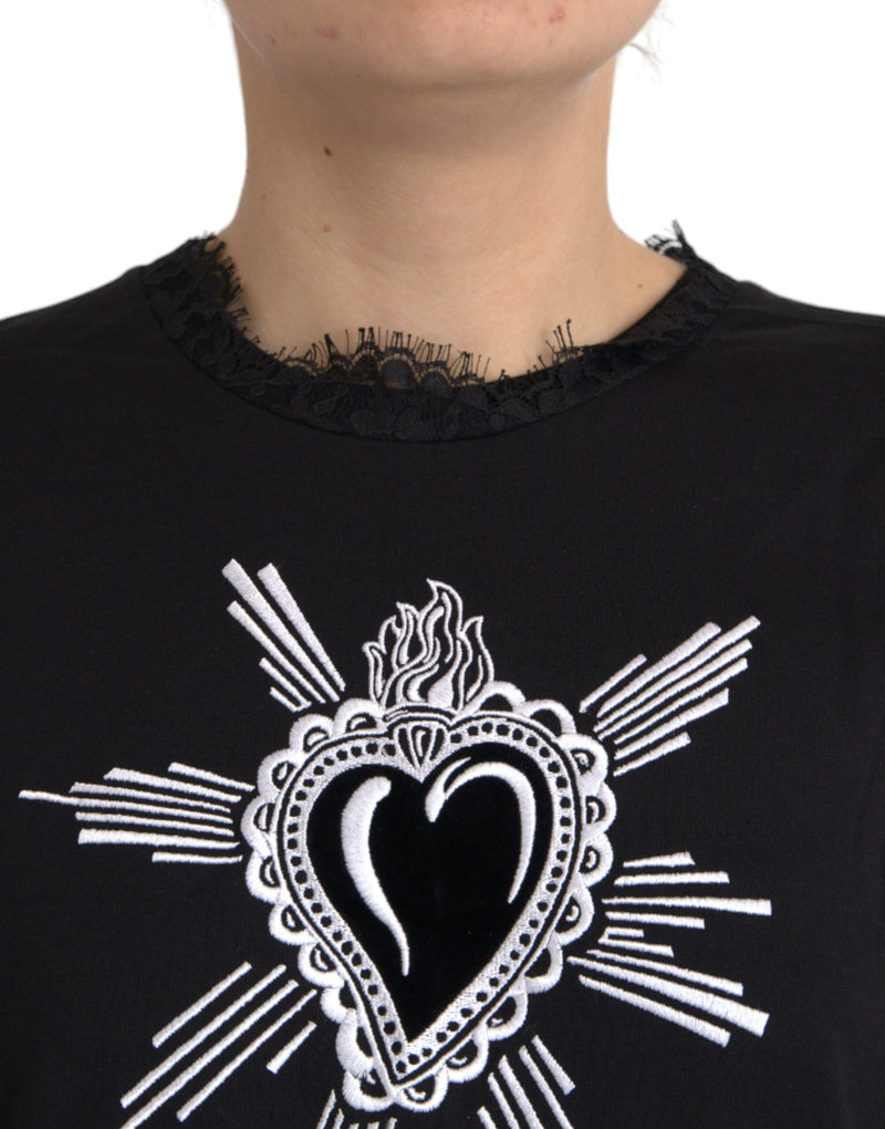 Camiseta negra de algodón con estampado de Sagrado Corazón y encaje Dolce & Gabbana