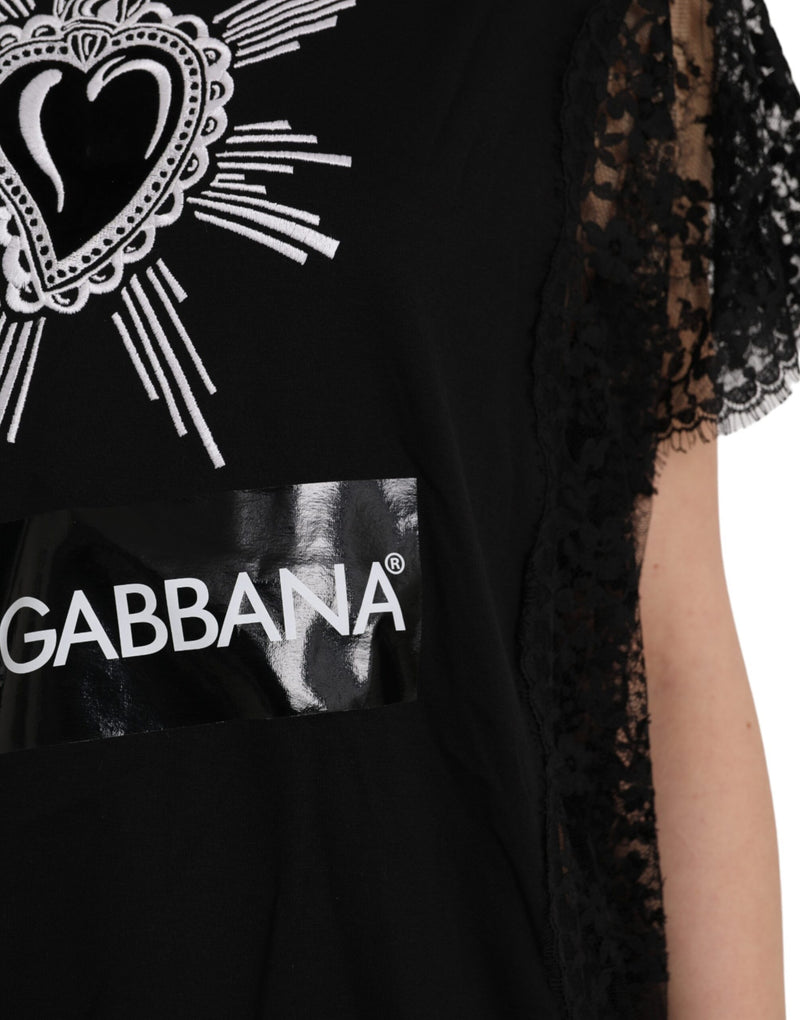 Camiseta negra de algodón con estampado de Sagrado Corazón y encaje Dolce & Gabbana