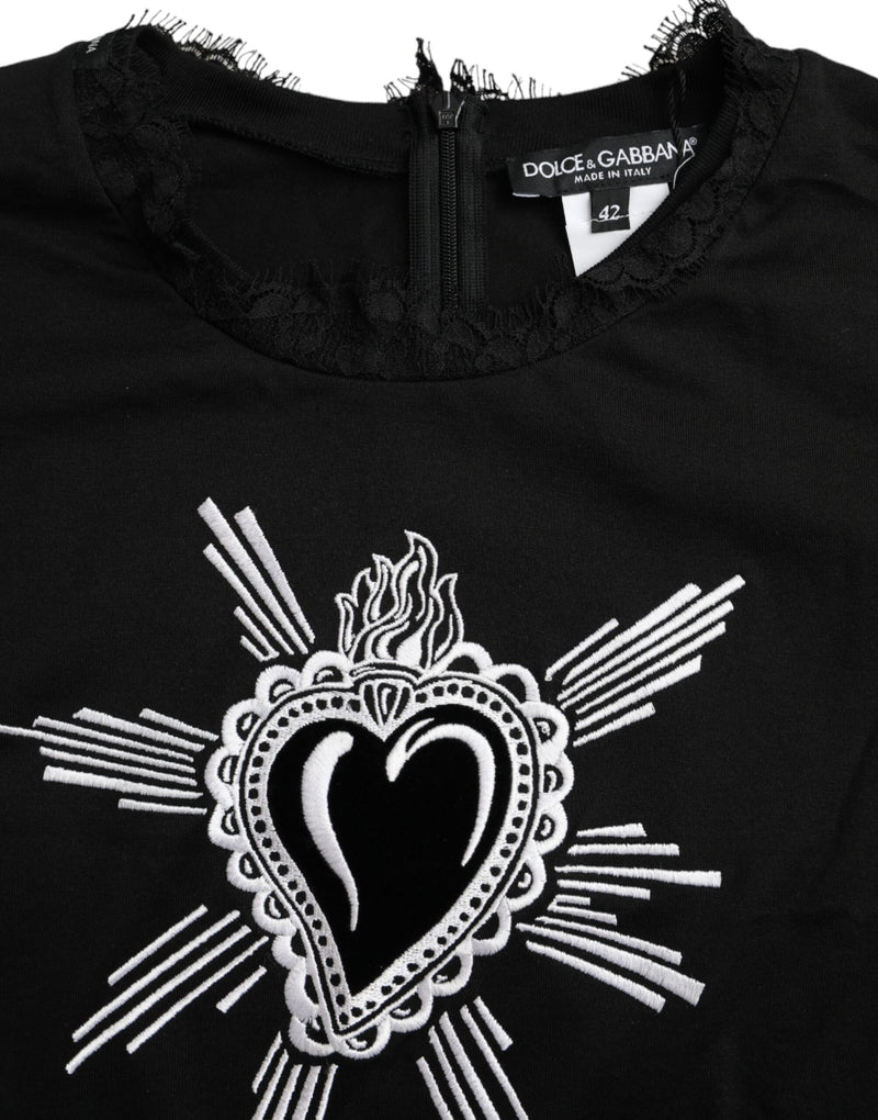 Camiseta negra de algodón con estampado de Sagrado Corazón y encaje Dolce & Gabbana