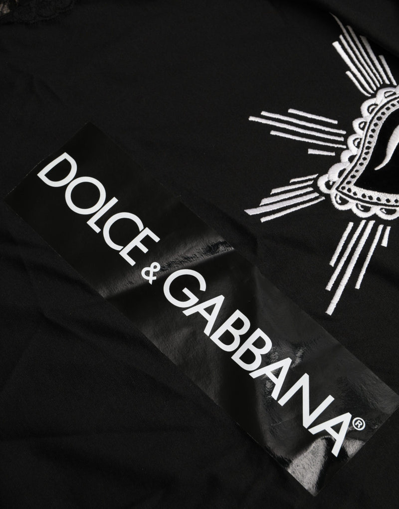 Camiseta negra de algodón con estampado de Sagrado Corazón y encaje Dolce & Gabbana