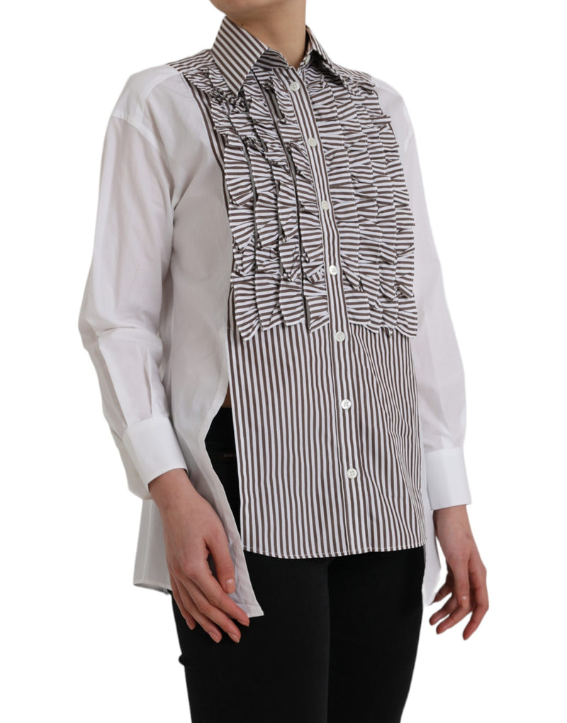 Blusa de algodão branca com listras, mangas longas e gola com babados Dolce & Gabbana