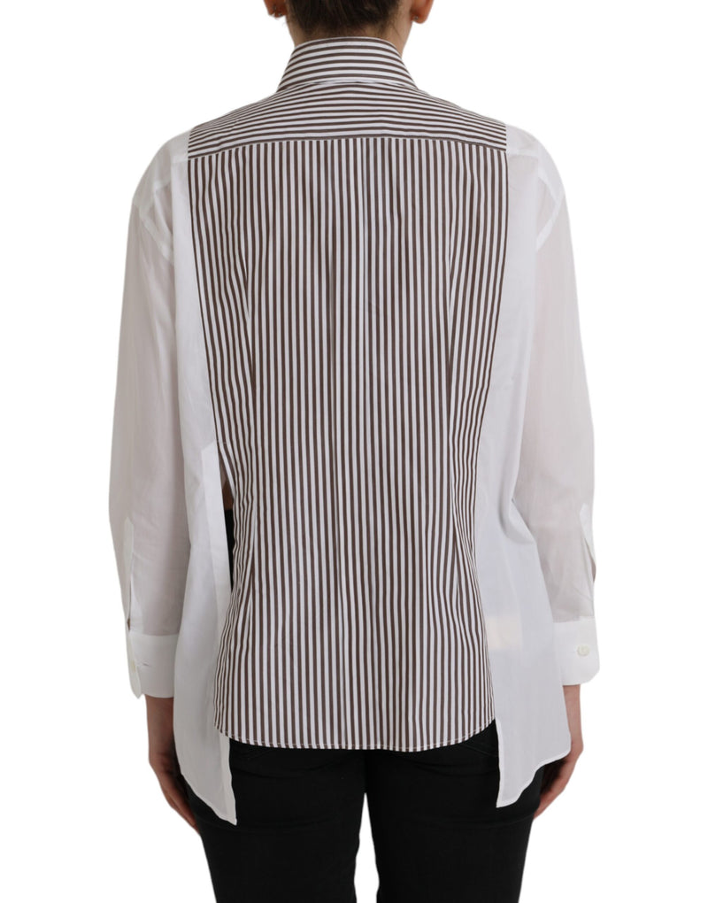 Blusa de algodão branca com listras, mangas longas e gola com babados Dolce & Gabbana